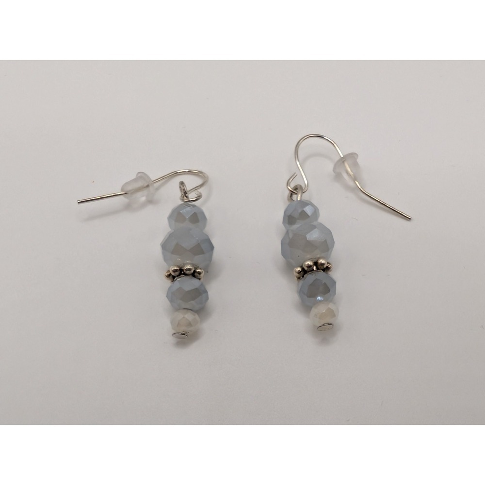Silver Tone Hook Dangle Earrings Light Gray Faceted Rondelle Beads Crystals NWOT
